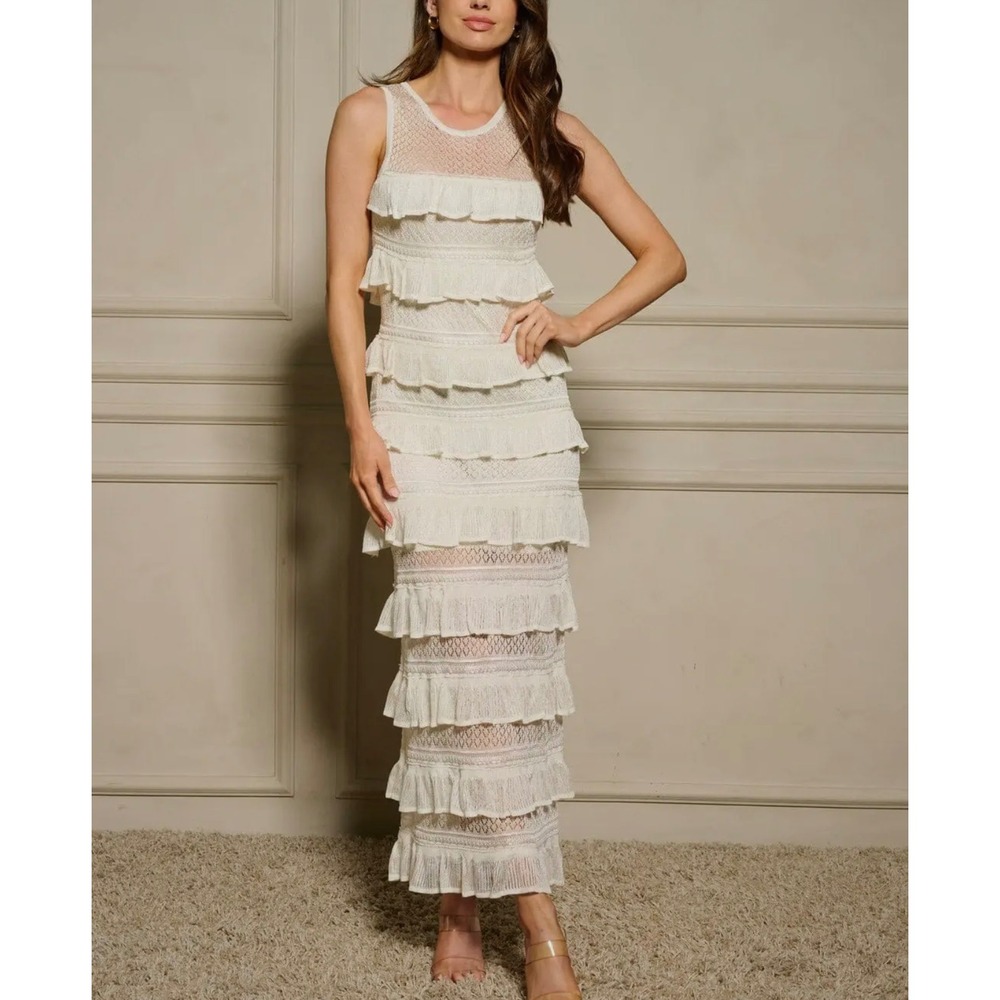 Cream Tiered Ruffle Lace Maxi Dress Sleeveless Sheer Mesh Detail S-L